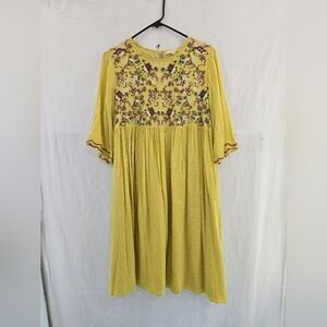 Orange Creek Mustard Yellow Floral Embroidery S Sleeve Lined Midi Dress. Size M